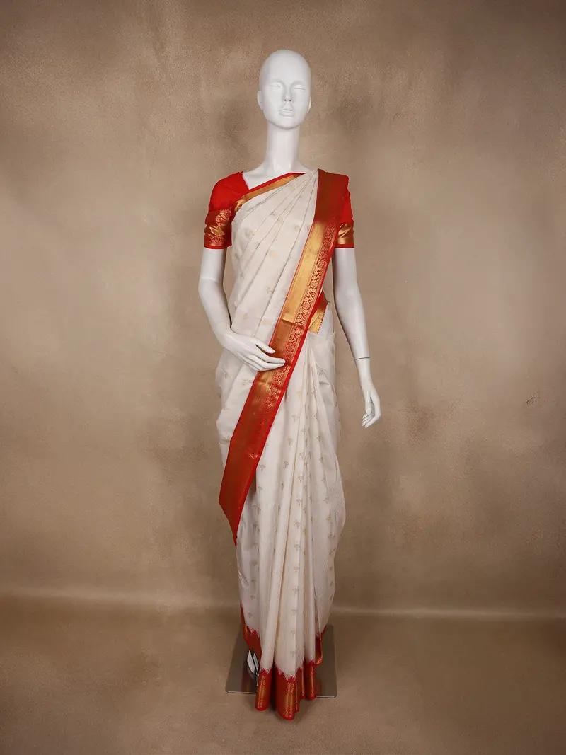 Ivory White Butta Woven Design Art Silk Saree With Contrast Border 1