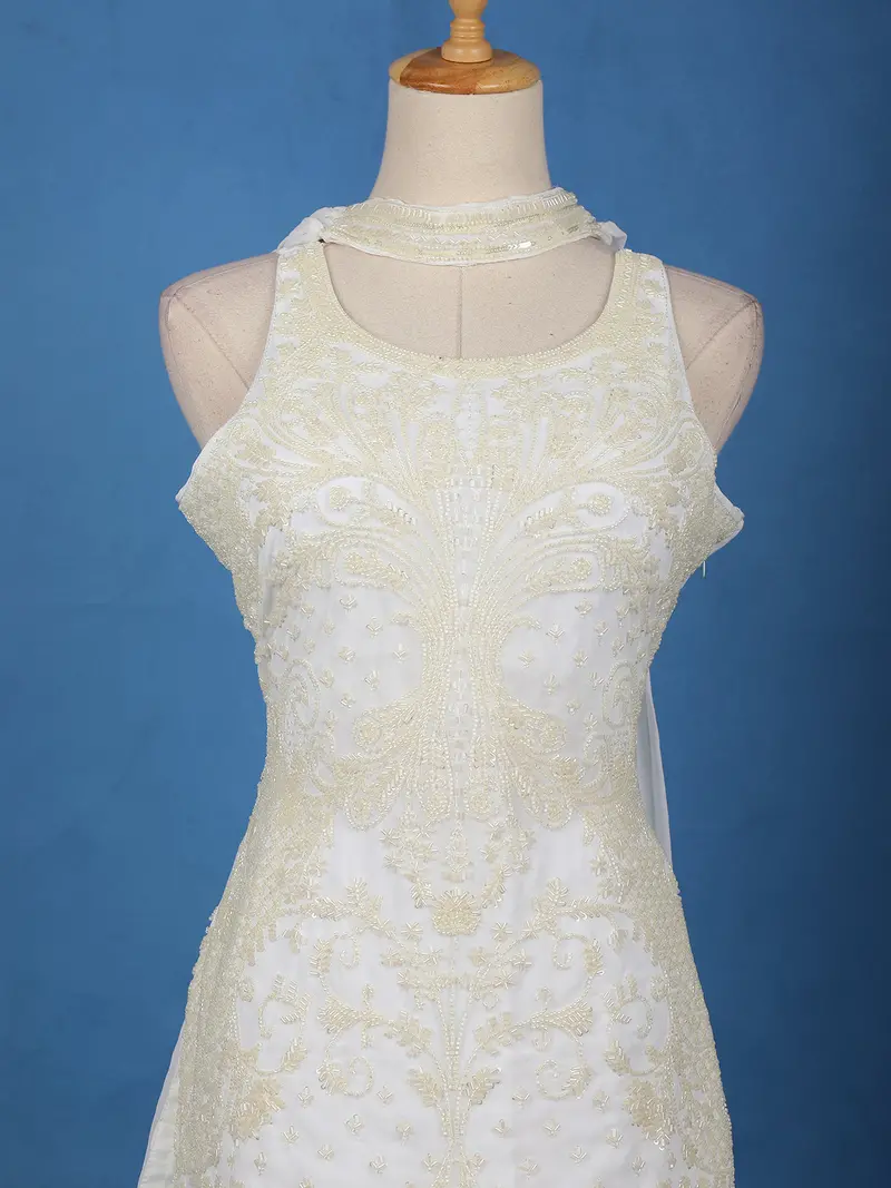 Ivory White Floral Embroidered Design Georgette Palazzo Suit 2