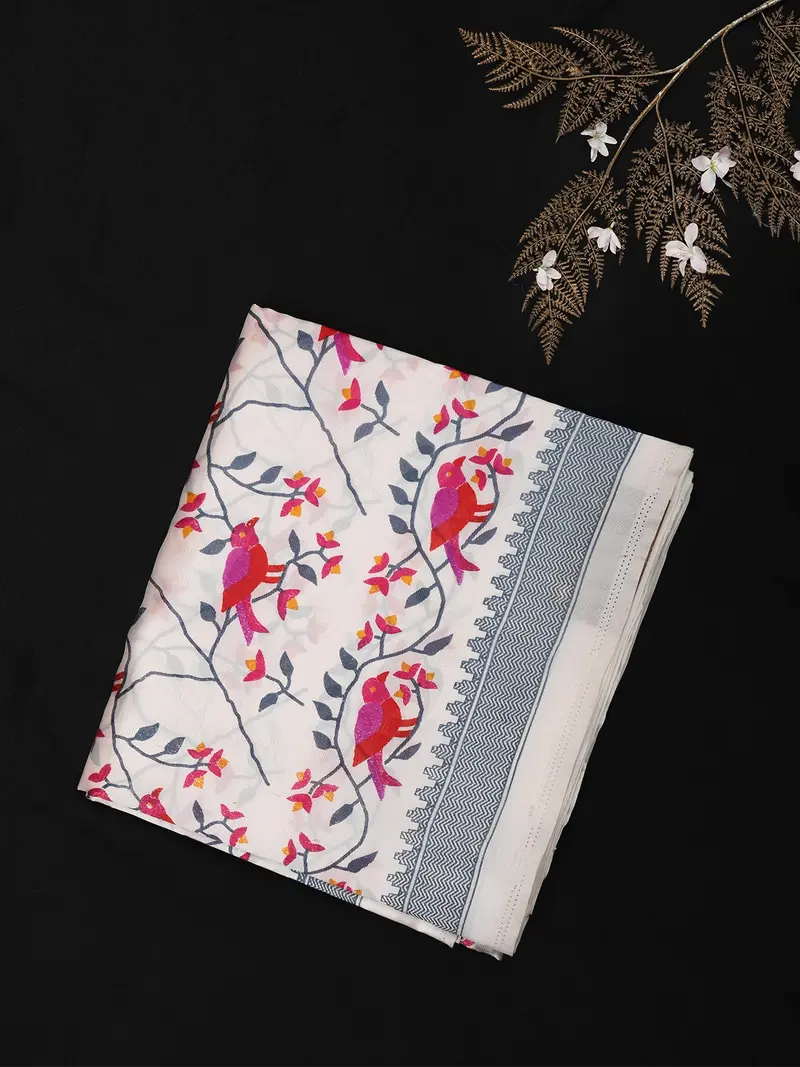 Ivory White Floral Printed Design Crepe Silk Saree 1