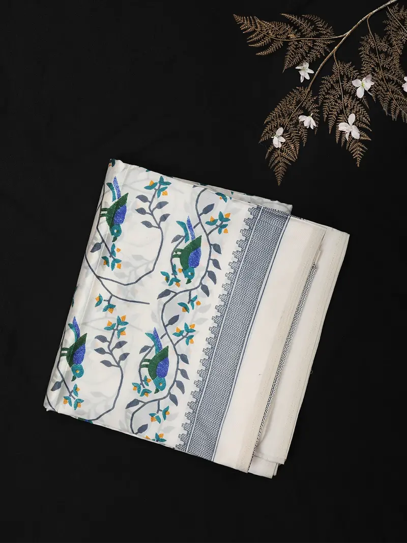 Ivory White Floral Printed Design Crepe Silk Saree 1