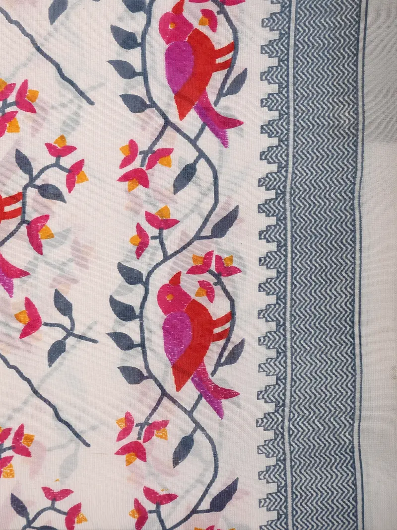 Ivory White Floral Printed Design Crepe Silk Saree 2