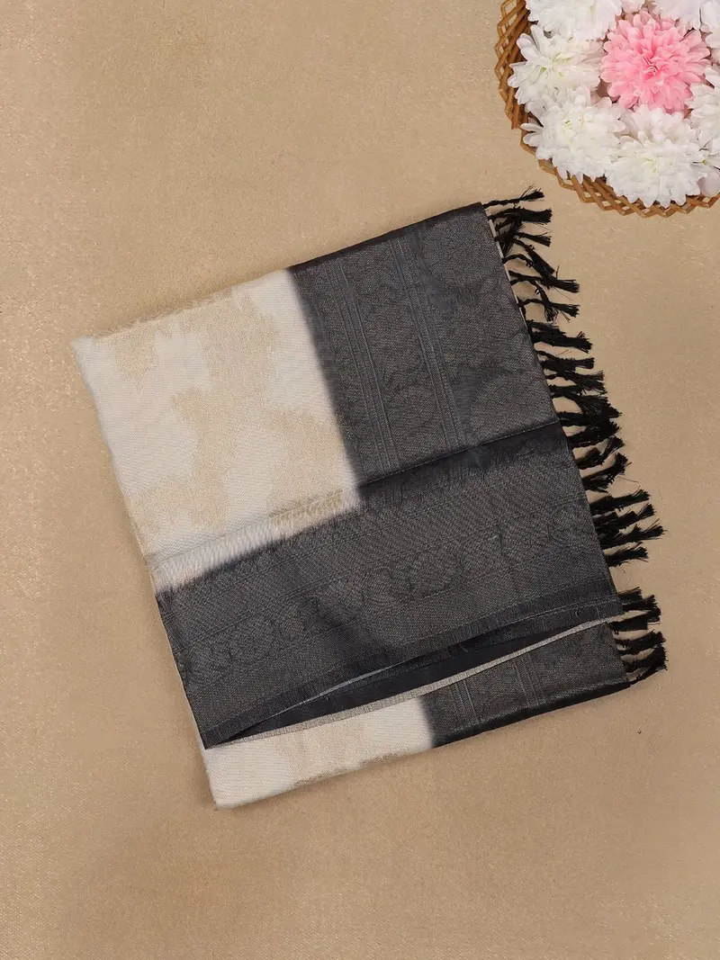 Ivory White With Black Shaded Border Fancy Kerala Silk Saree 1