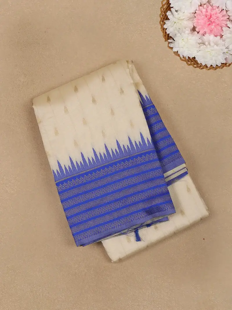 Ivory White With Blue Zari Border Fancy Kerala Cotton Saree 1
