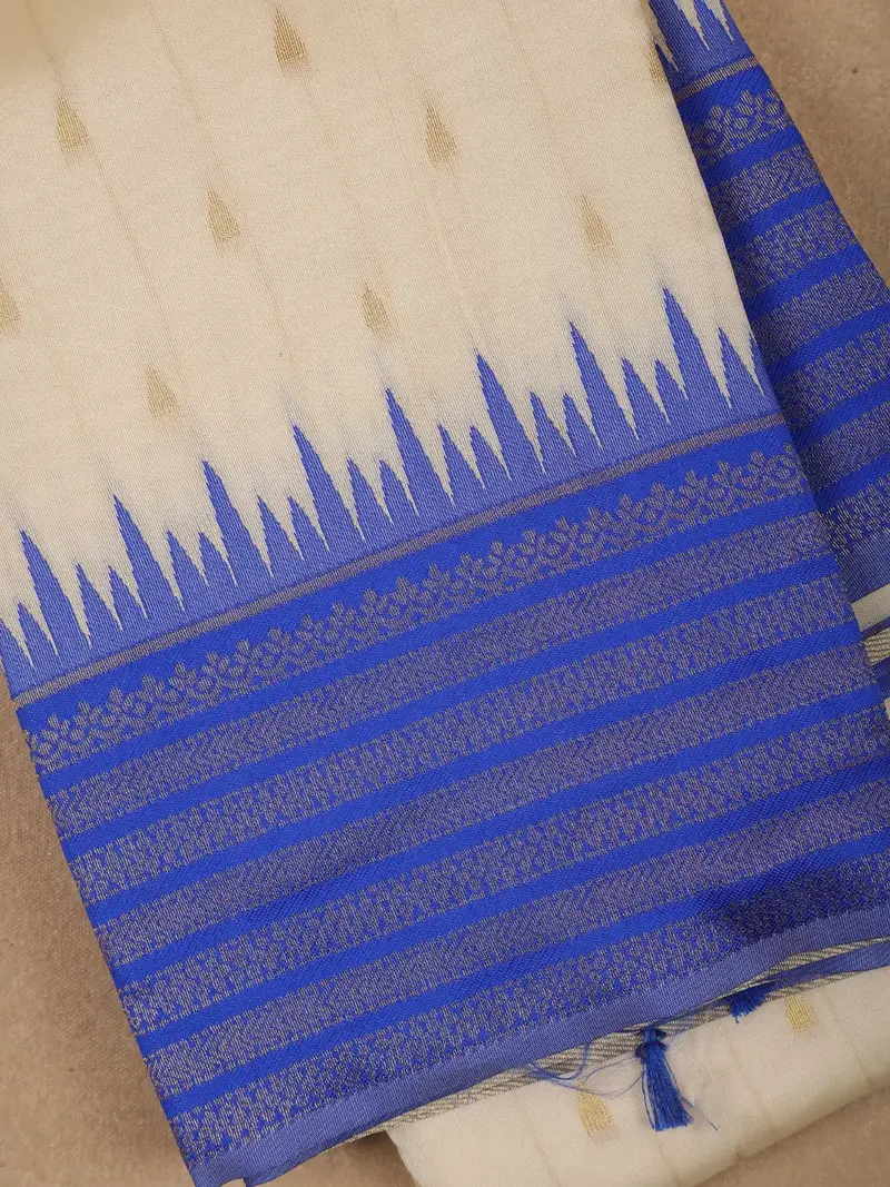 Ivory White With Blue Zari Border Fancy Kerala Cotton Saree 2