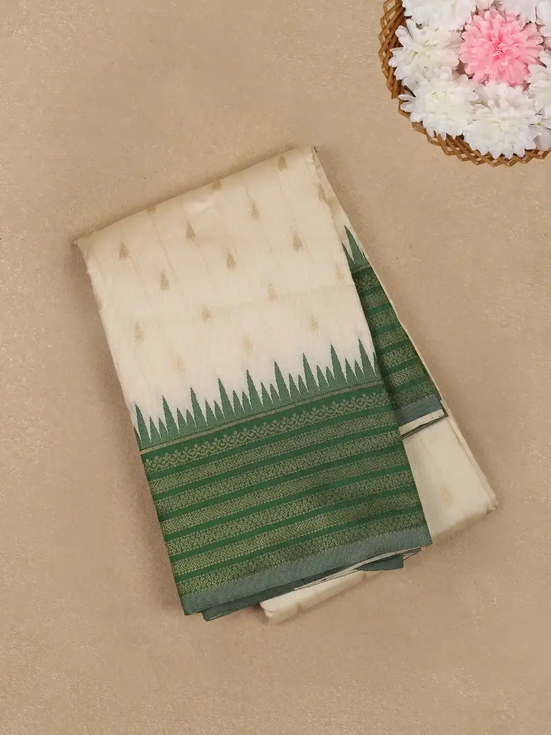 Ivory White With Green Zari Border Fancy Kerala Cotton Saree 1
