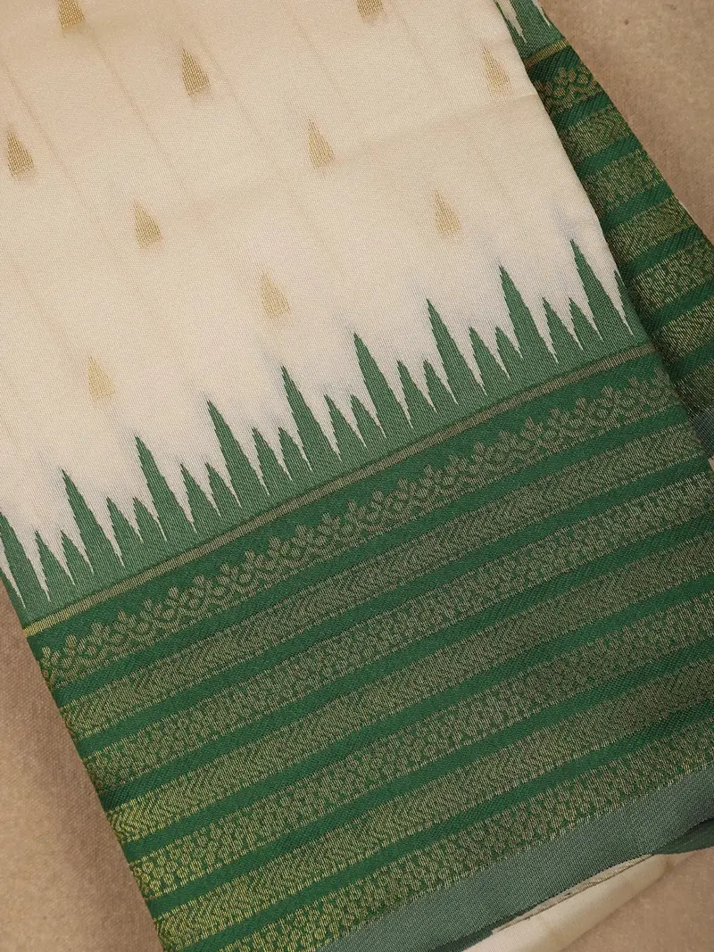 Ivory White With Green Zari Border Fancy Kerala Cotton Saree 2