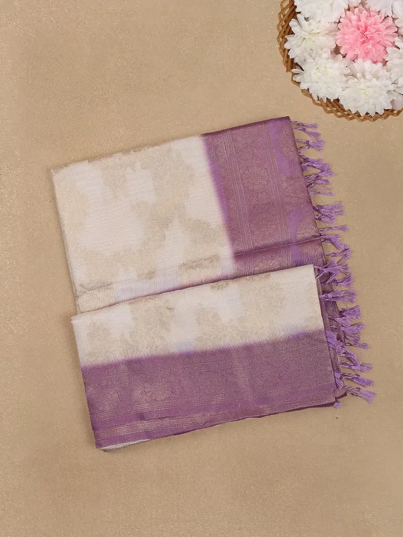Ivory White With Lavender Shaded Border Fancy Silk Saree 1