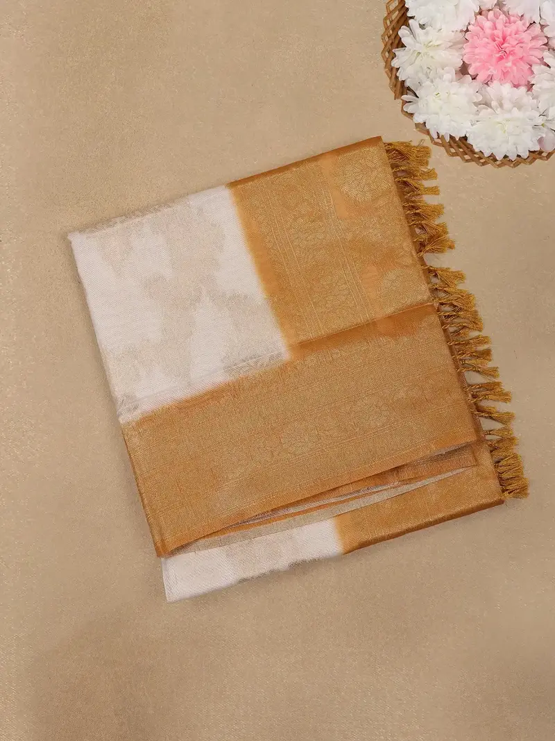 Ivory White With Orange Shaded Border Fancy Kerala Silk Saree 1