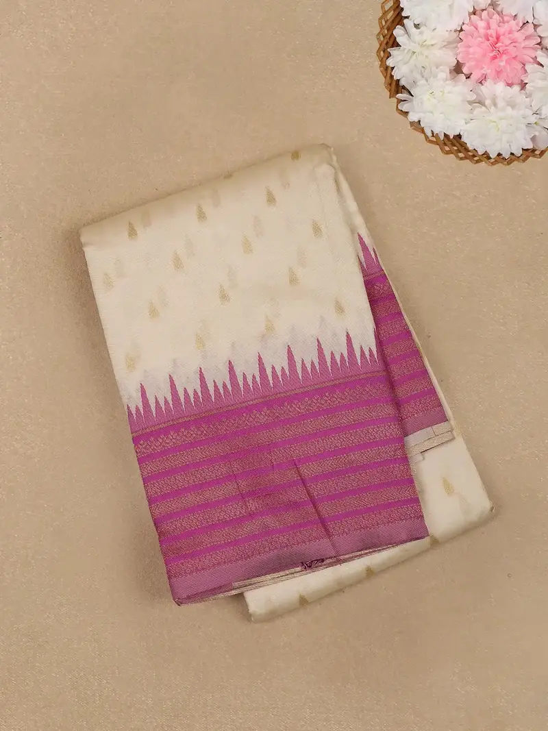 Ivory White With Pink Zari Border Fancy Kerala Cotton Saree 1
