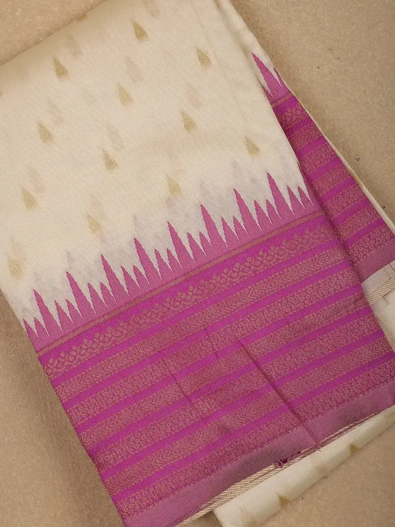 Ivory White With Pink Zari Border Fancy Kerala Cotton Saree 2