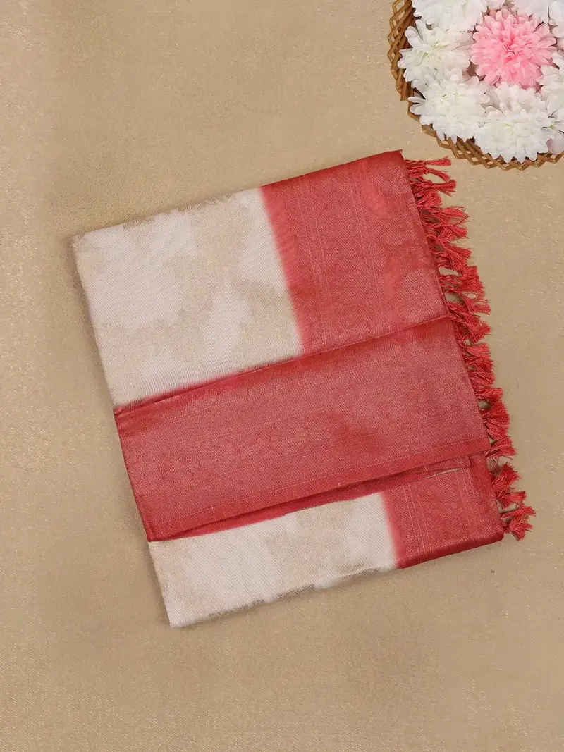 Ivory White With Red Shaded Border Fancy Kerala Silk Saree 1
