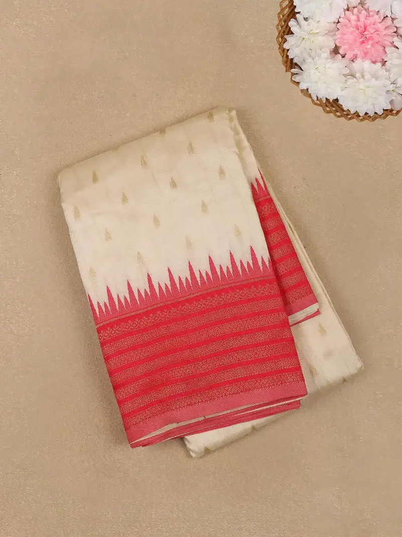 Ivory White With Red Zari Border Fancy Kerala Cotton Saree 1
