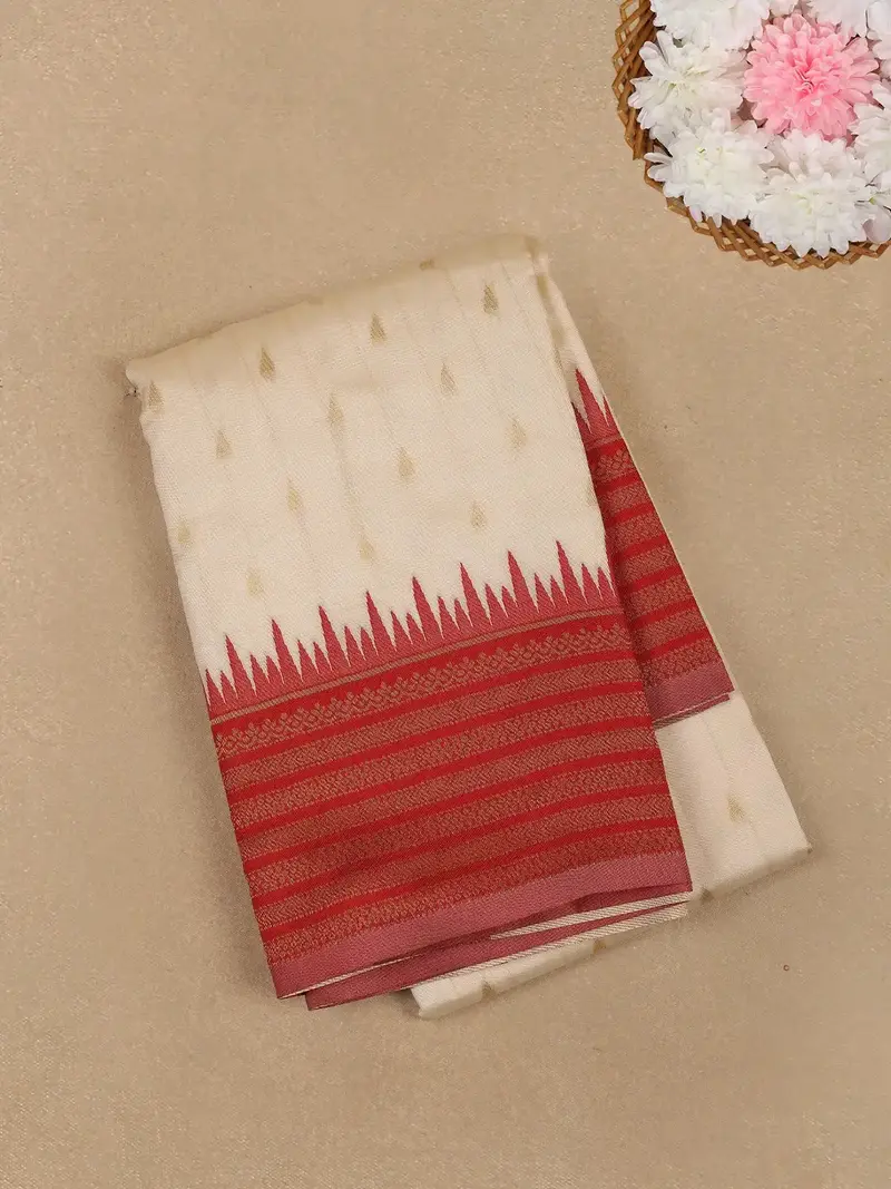 Ivory White With Red Zari Border Fancy Kerala Cotton Saree 1