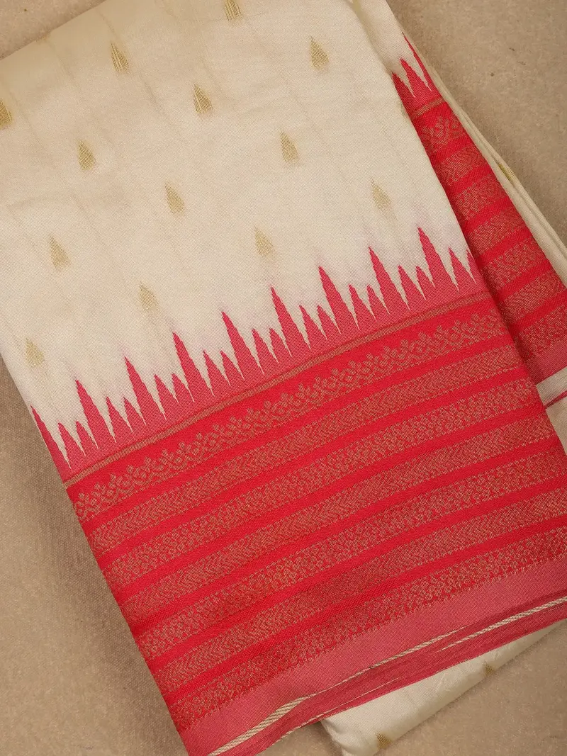 Ivory White With Red Zari Border Fancy Kerala Cotton Saree 2