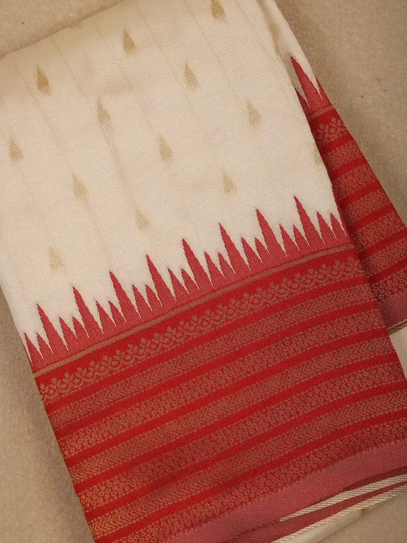 Ivory White With Red Zari Border Fancy Kerala Cotton Saree 2