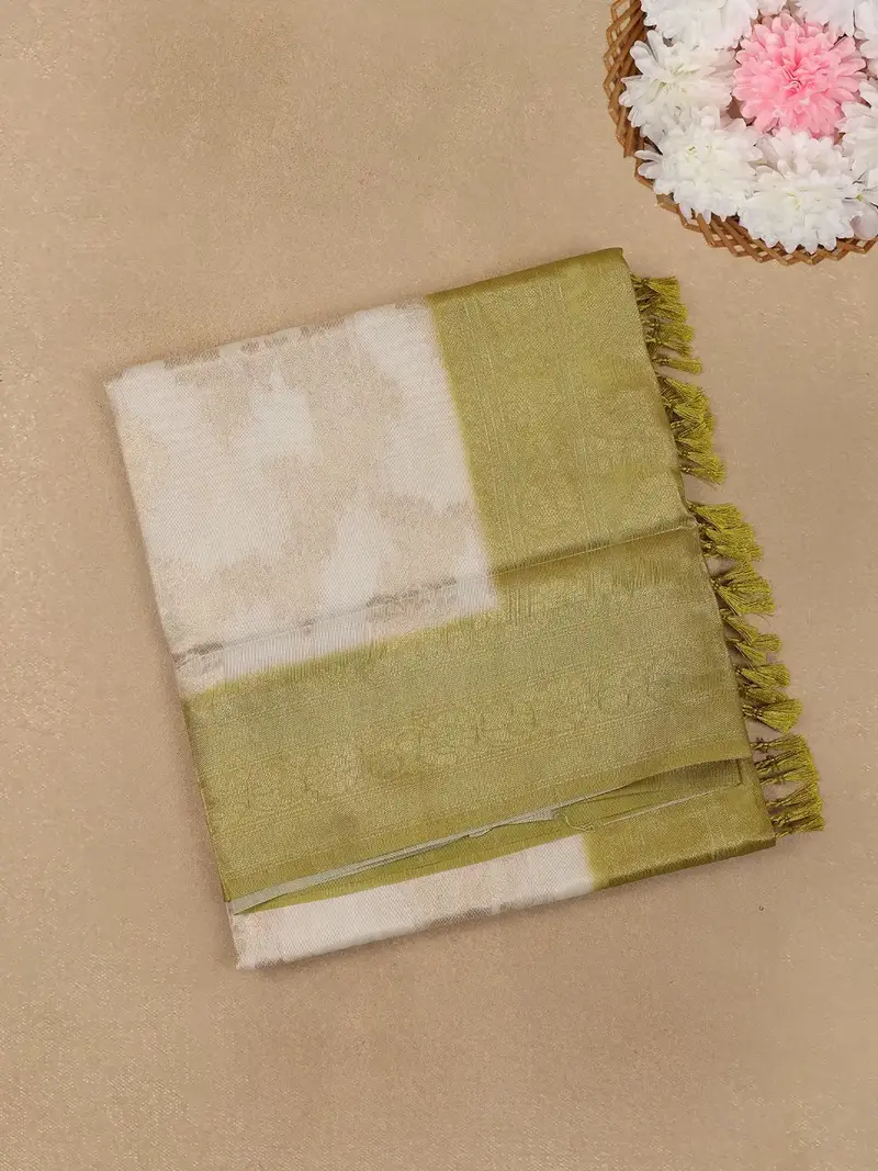 Ivory White With Yellow Shaded Border Fancy Kerala Silk Saree 1
