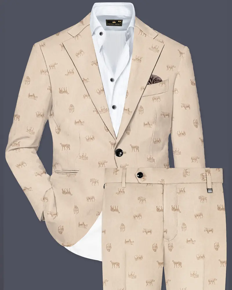 Ivory Wild-Vanilla Cream Animal Printed Cotton Single Breasted Suit 1