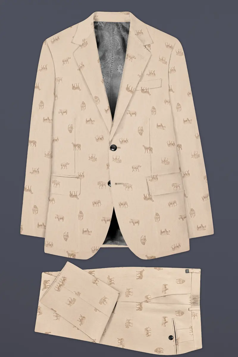 Ivory Wild-Vanilla Cream Animal Printed Cotton Single Breasted Suit 11