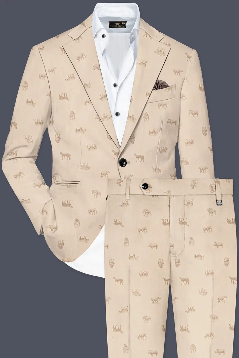 Ivory Wild-Vanilla Cream Animal Printed Cotton Single Breasted Suit 2
