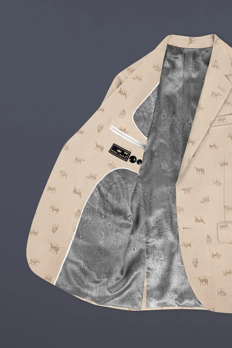 Ivory Wild-Vanilla Cream Animal Printed Cotton Single Breasted Suit 5