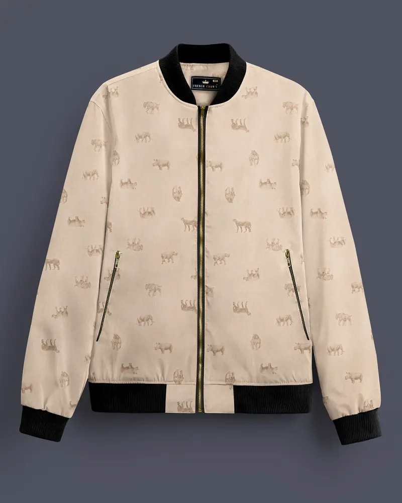 Ivory Wild-Vanilla Cream Animal Printed Premium Cotton Bomber Jacket 1