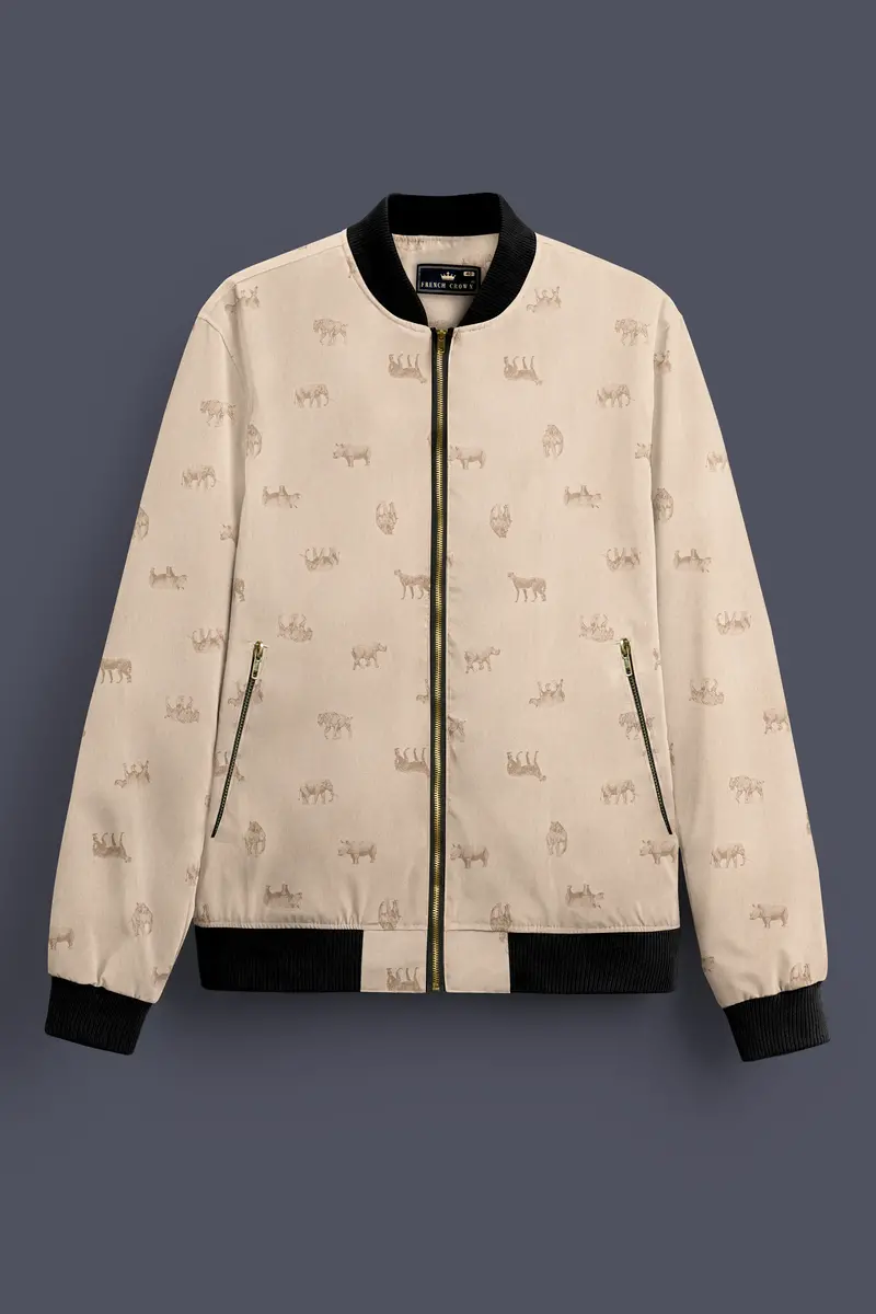 Ivory Wild-Vanilla Cream Animal Printed Premium Cotton Bomber Jacket 2