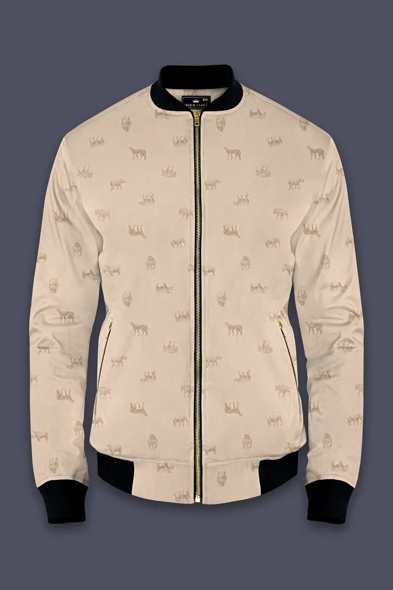 Ivory Wild-Vanilla Cream Animal Printed Premium Cotton Bomber Jacket 5