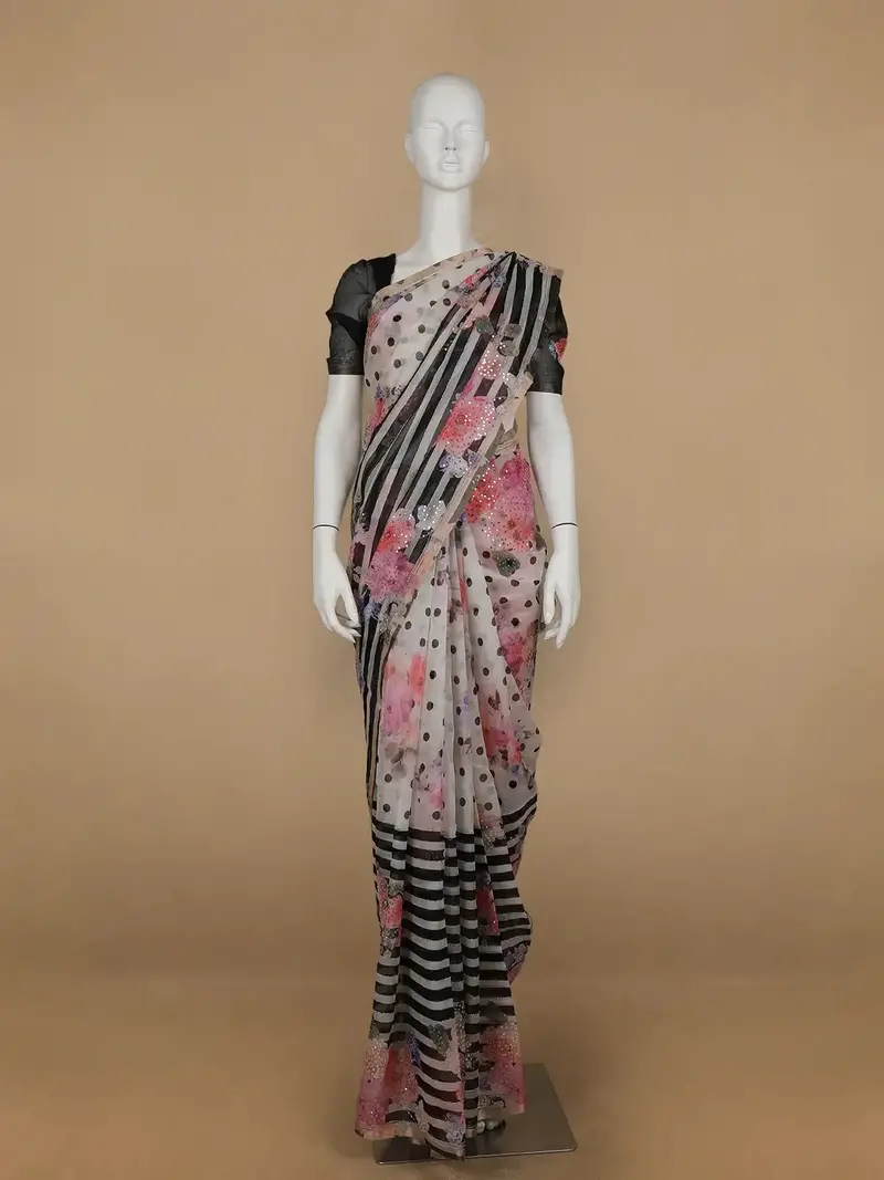 Ivory With Black Stripes And Floral Printed Organza Designer Saree 1