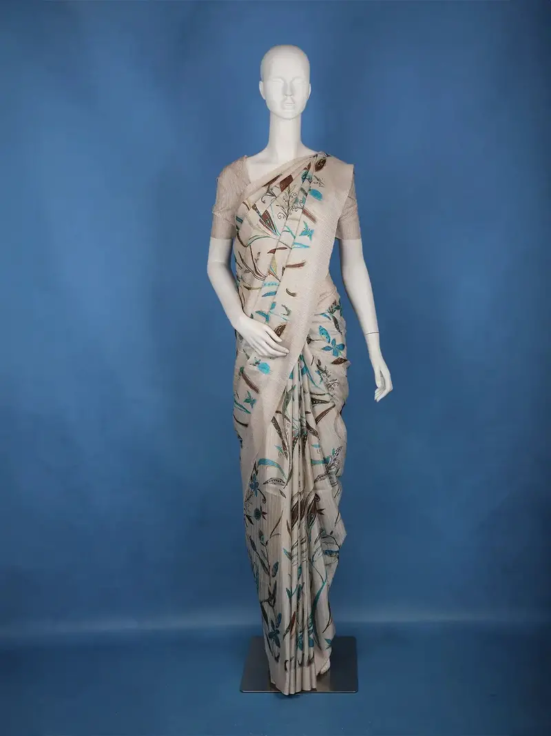 Ivory With Blue Floral Design Printed Semi Tussar Saree 1