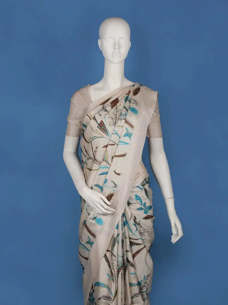 Ivory With Blue Floral Design Printed Semi Tussar Saree 2