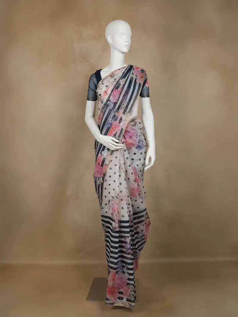Ivory With Blue Stripes And Floral Printed Organza Designer Saree 1