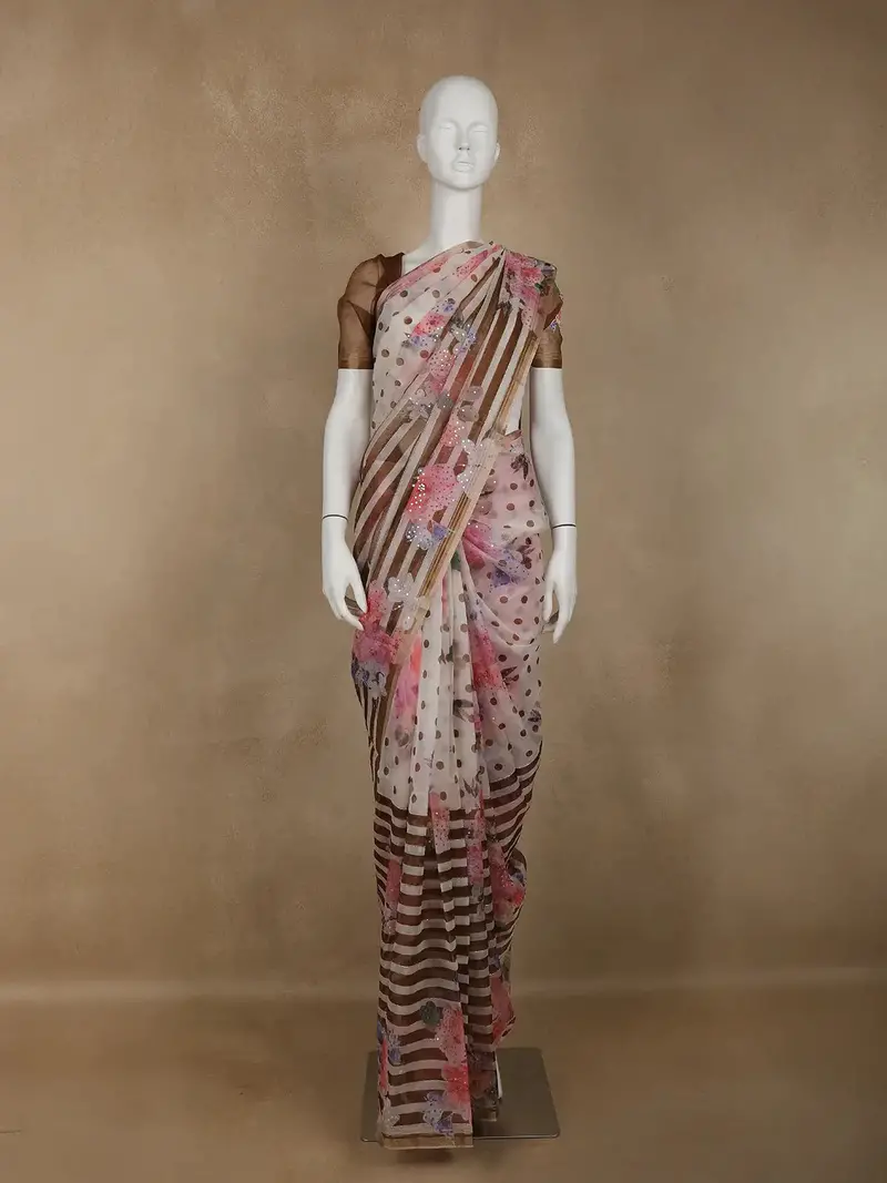 Ivory With Dark Mustard Stripes And Floral Printed Organza Designer Saree 1