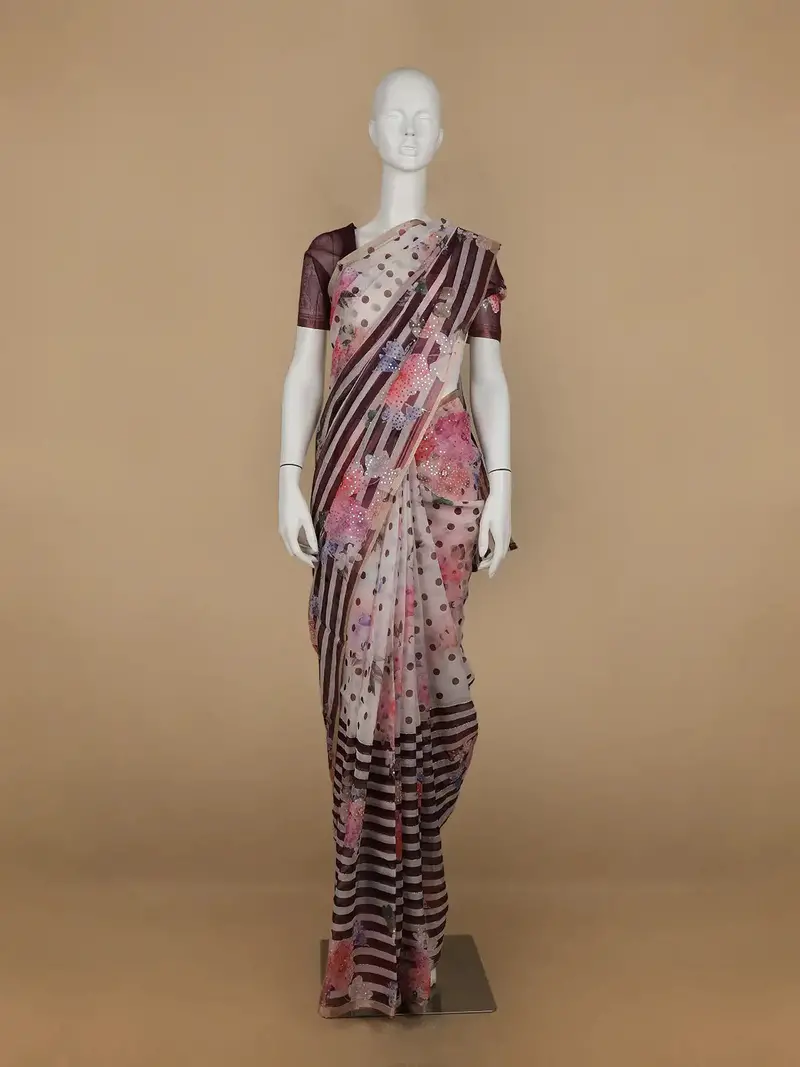 Ivory With Marron Stripes And Floral Printed Organza Designer Saree 1