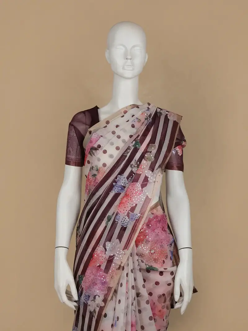 Ivory With Marron Stripes And Floral Printed Organza Designer Saree 2