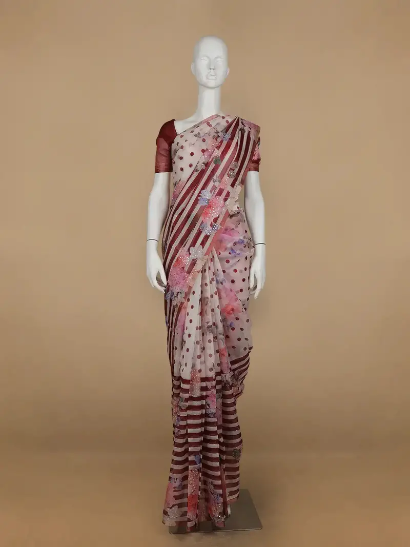 Ivory With Red Stripes And Floral Printed Organza Designer Saree 1