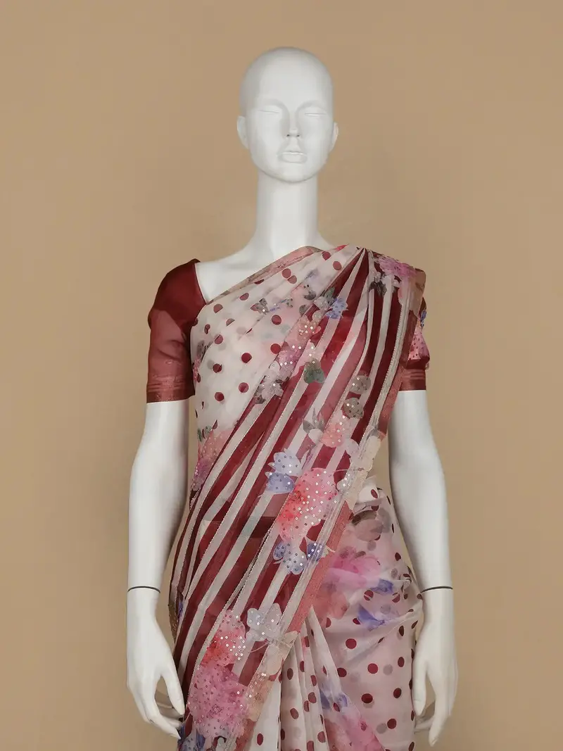 Ivory With Red Stripes And Floral Printed Organza Designer Saree 2