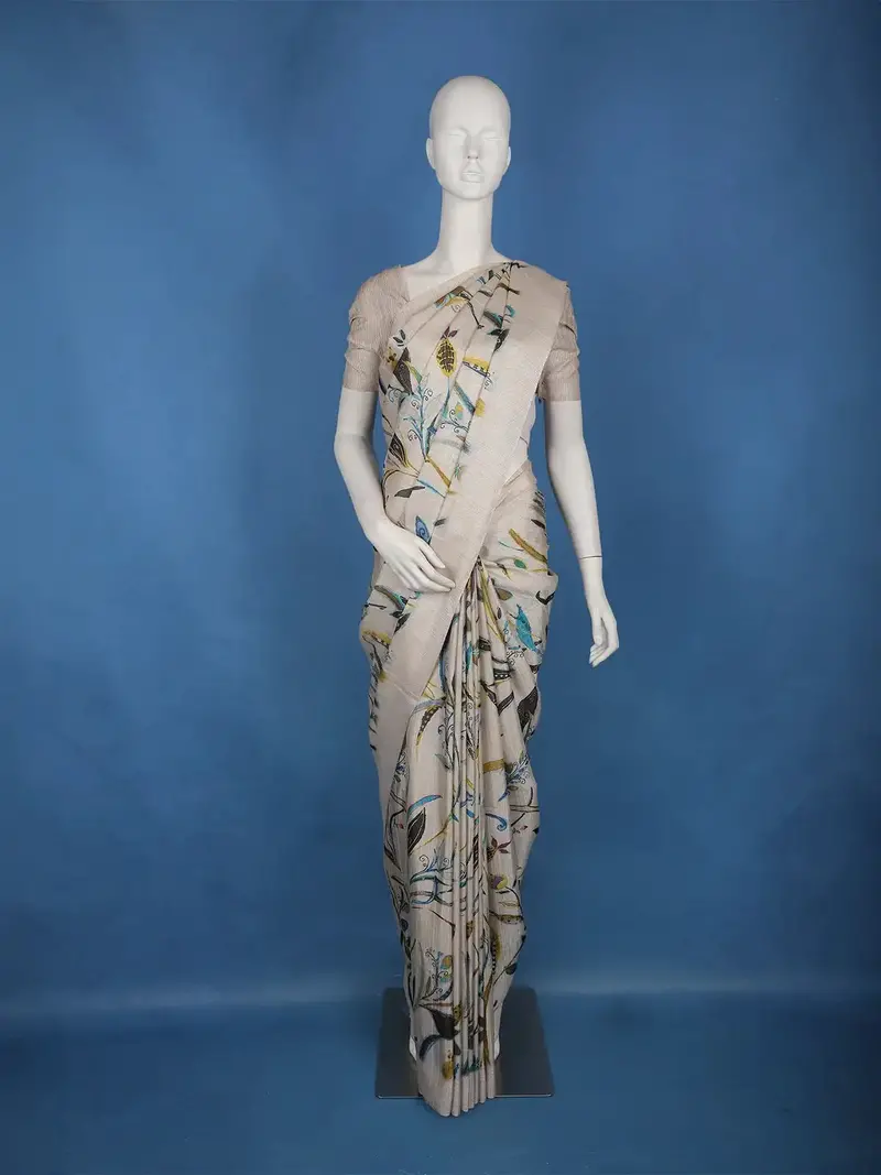 Ivory With Yellow Floral Design Printed Semi Tussar Saree 1
