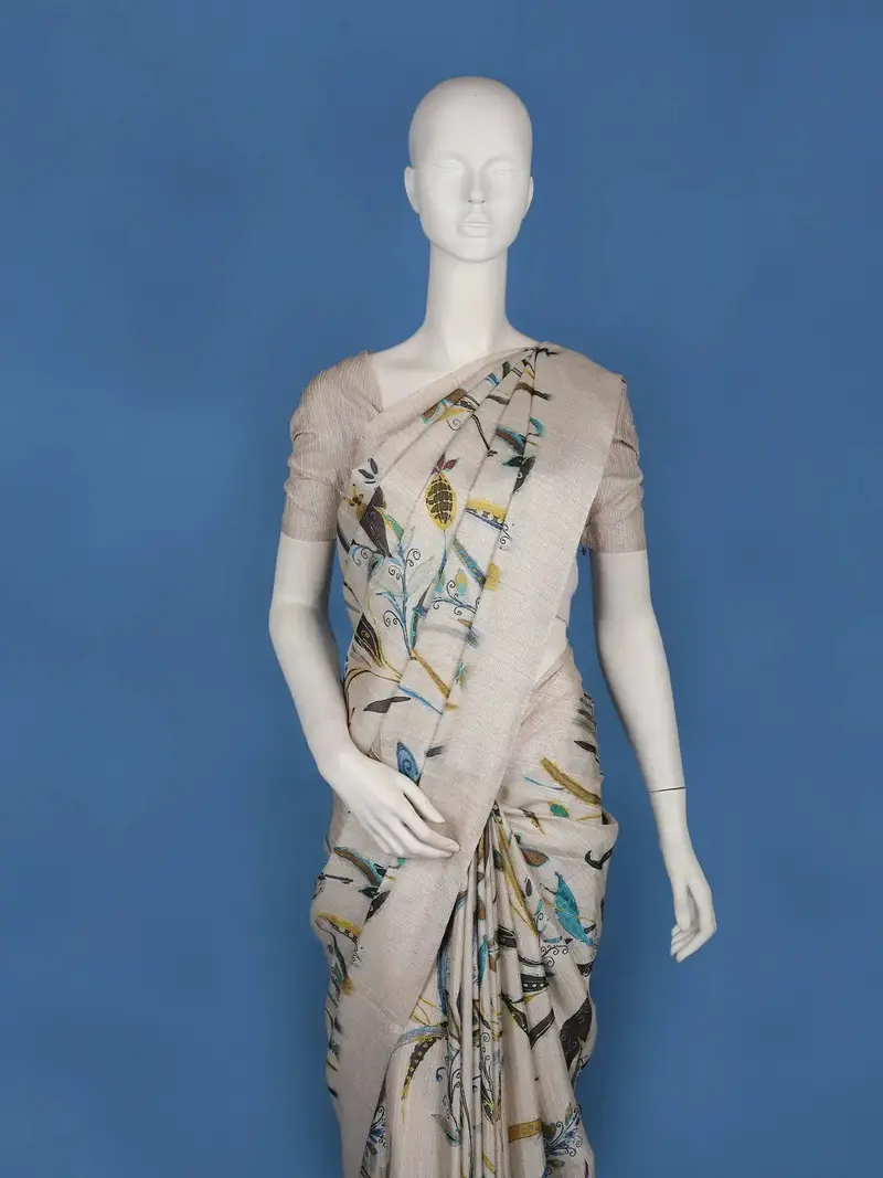 Ivory With Yellow Floral Design Printed Semi Tussar Saree 2