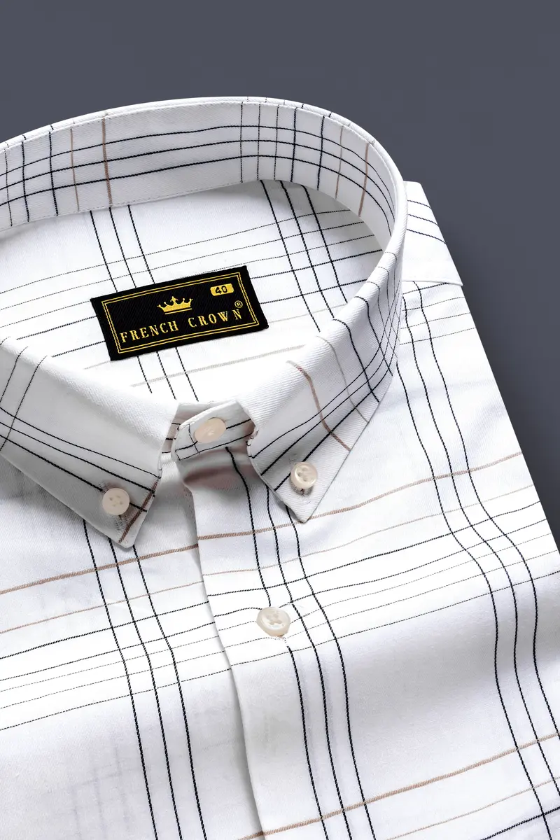 Ivorygrid-Bright White Checks Plaid Dobby Textured Premium Giza Cotton Dress Shirt 1