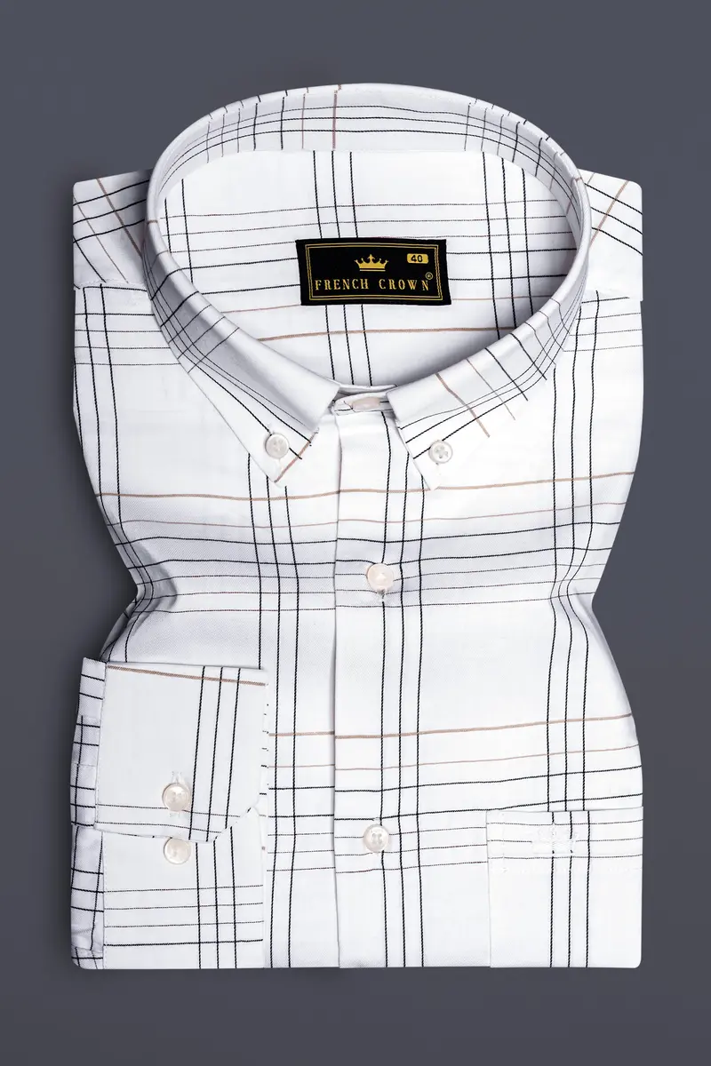 Ivorygrid-Bright White Checks Plaid Dobby Textured Premium Giza Cotton Dress Shirt 3