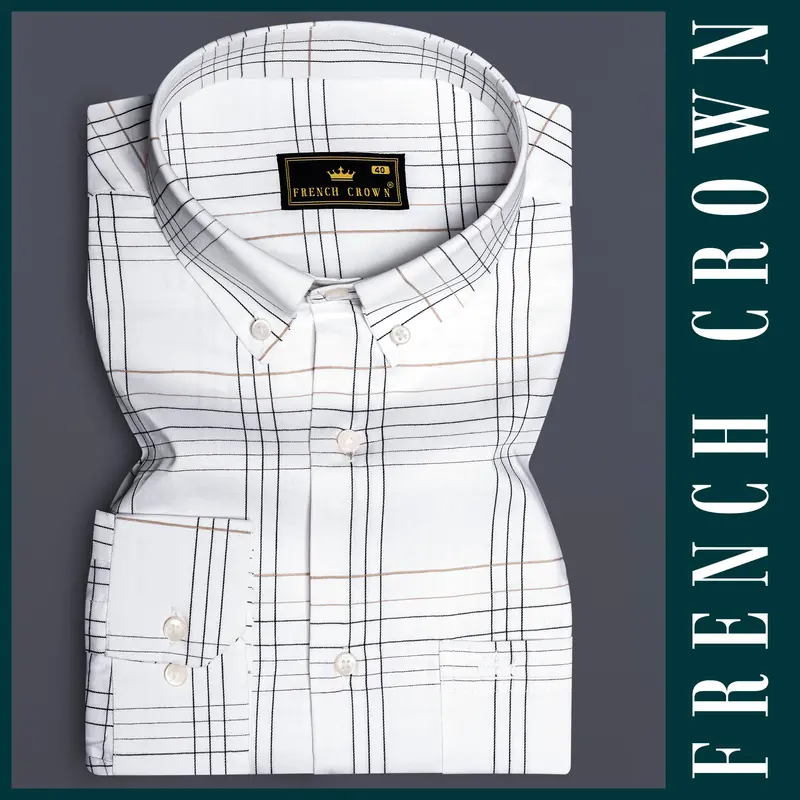 Ivorygrid-Bright White Checks Plaid Dobby Textured Premium Giza Cotton Dress Shirt 5