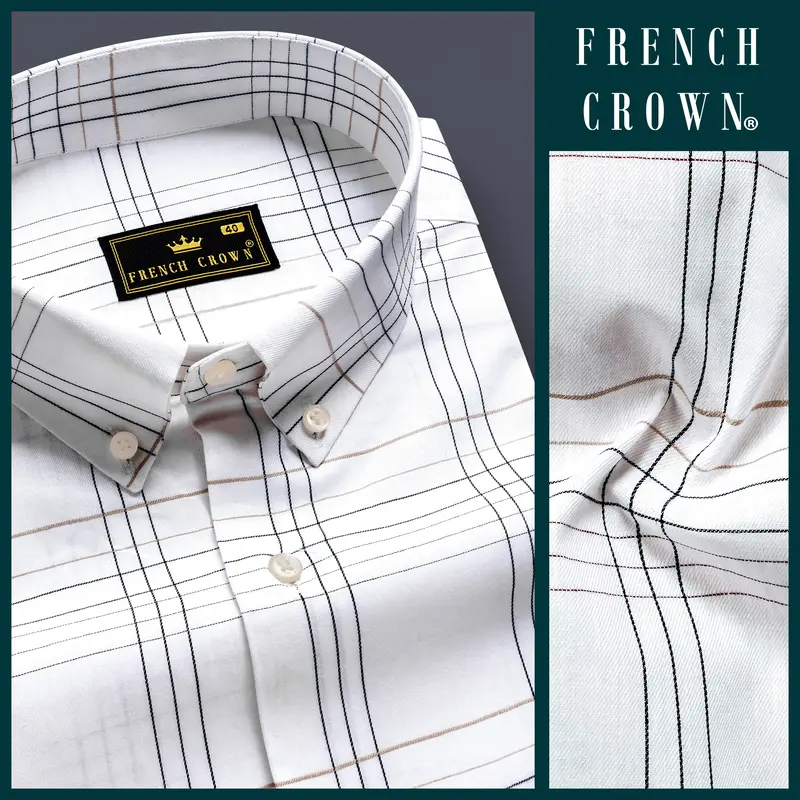 Ivorygrid-Bright White Checks Plaid Dobby Textured Premium Giza Cotton Dress Shirt 8