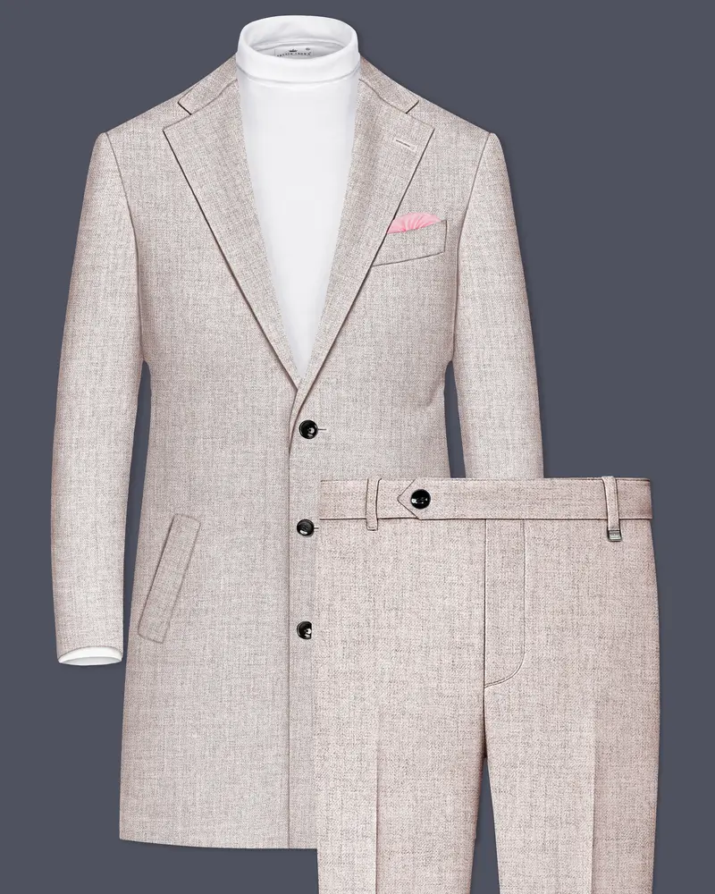 Ivorytail-Timberwolf Cream Textured Tweed Single Breasted Overcoat With Pant 1