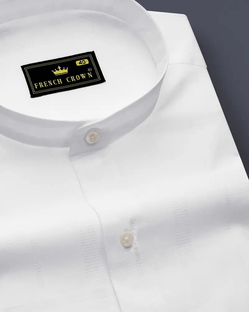 Ivovira-Bright White Dobby Textured Premium Giza Cotton Semi Formal Mandarin Shirt 1