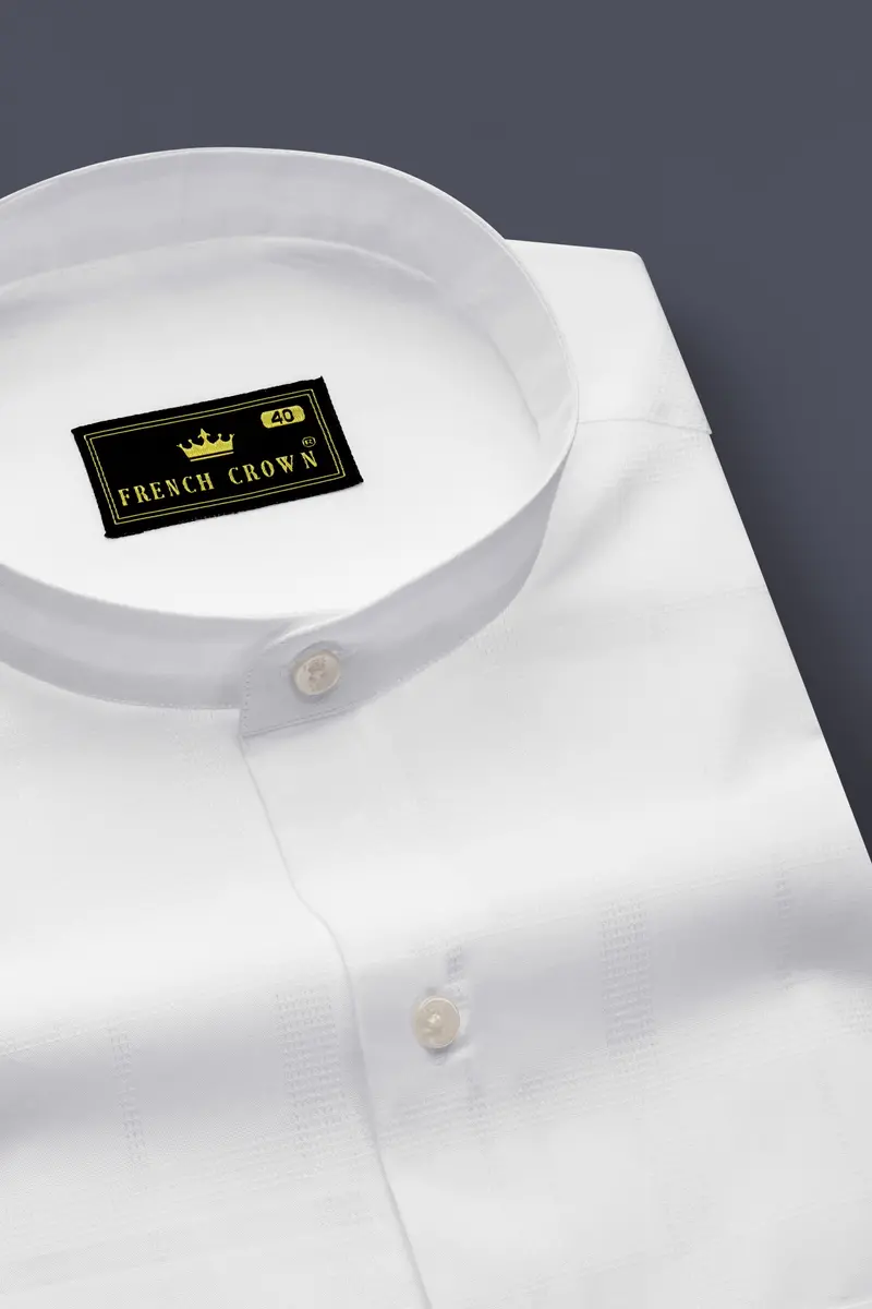 Ivovira-Bright White Dobby Textured Premium Giza Cotton Semi Formal Mandarin Shirt 2