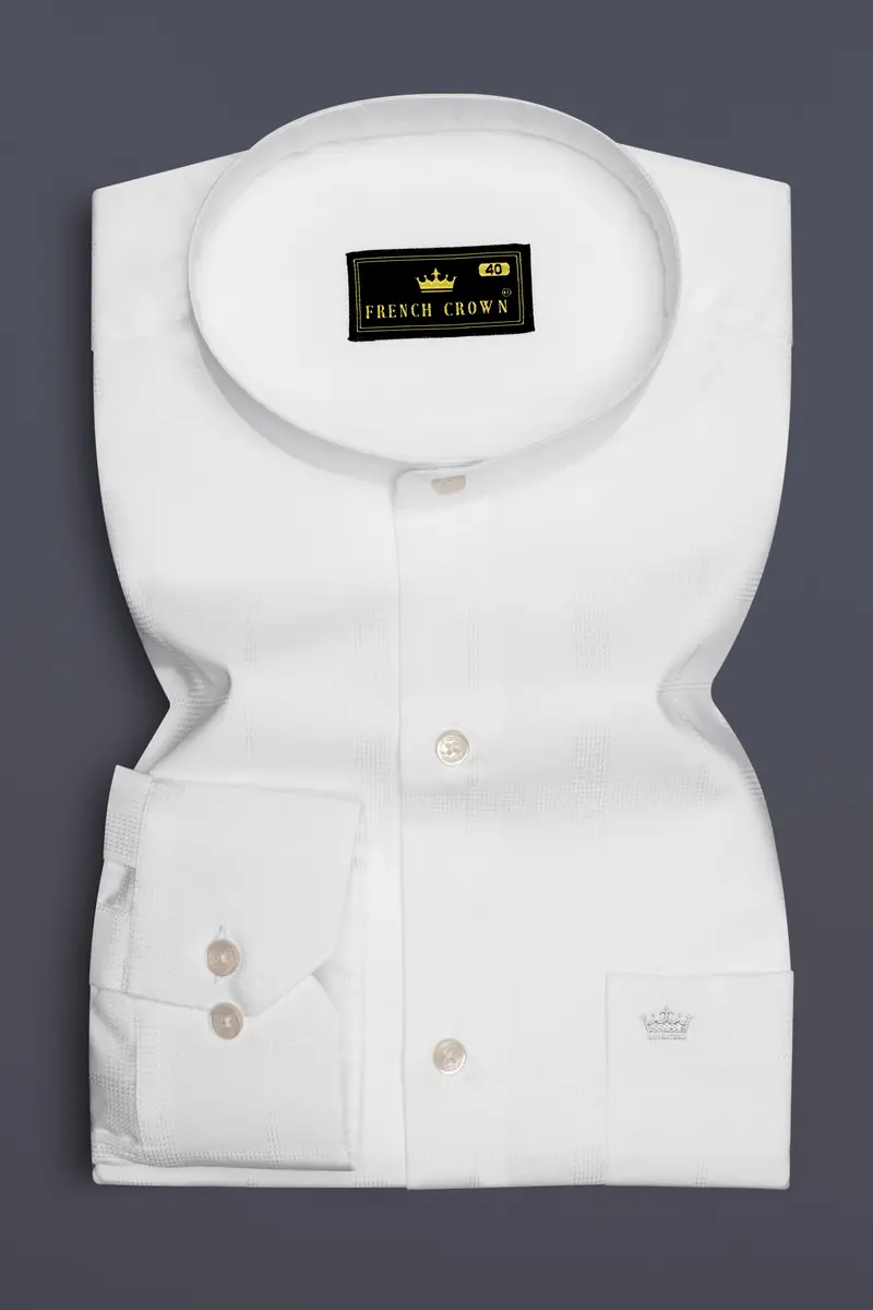 Ivovira-Bright White Dobby Textured Premium Giza Cotton Semi Formal Mandarin Shirt 4