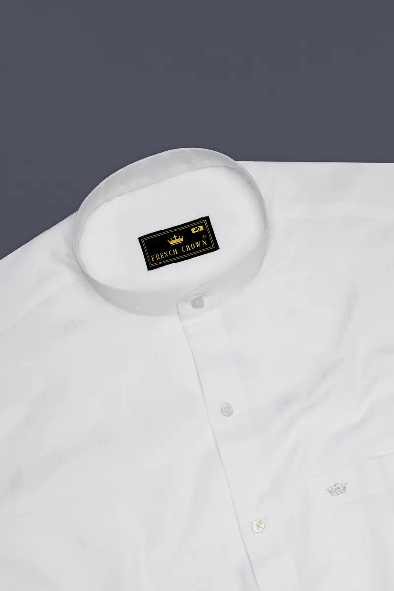 Ivovira-Bright White Dobby Textured Premium Giza Cotton Semi Formal Mandarin Shirt 5