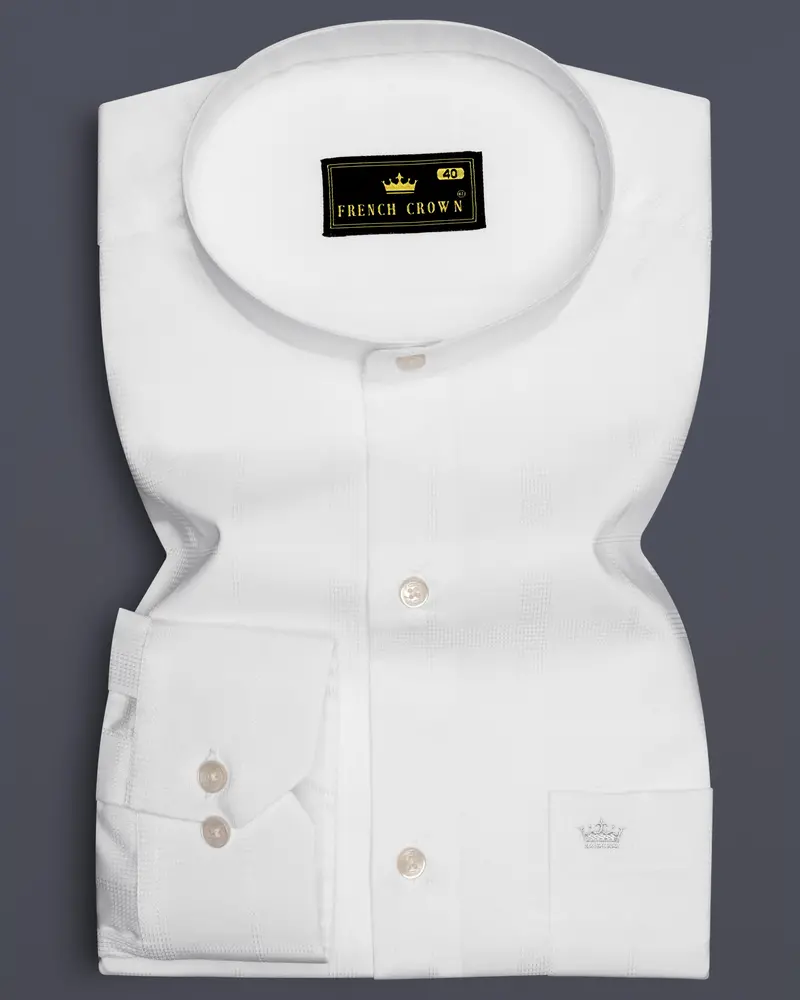 Ivovira-Bright White Dobby Textured Premium Giza Cotton Semi Formal Mandarin Shirt 6
