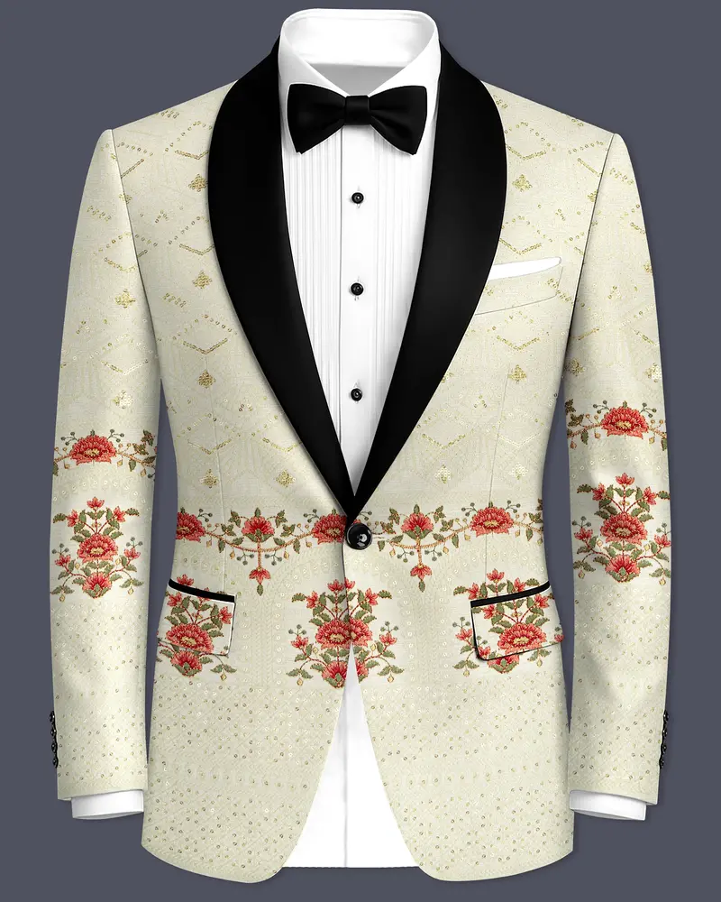 Ivrosa-Porcelain Cream And Apricot Peach Multicolour Thread And Sequin Embroidered Designer Tuxedo Blazer 1