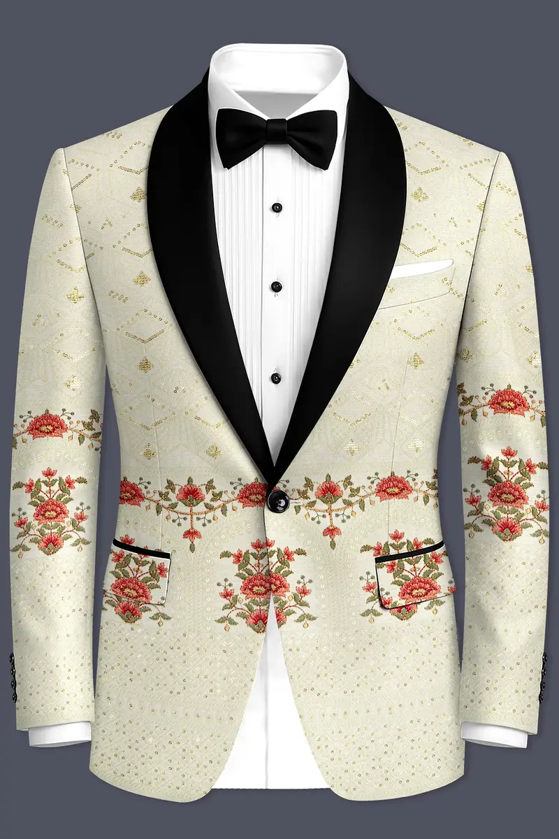 Ivrosa-Porcelain Cream And Apricot Peach Multicolour Thread And Sequin Embroidered Designer Tuxedo Blazer 2